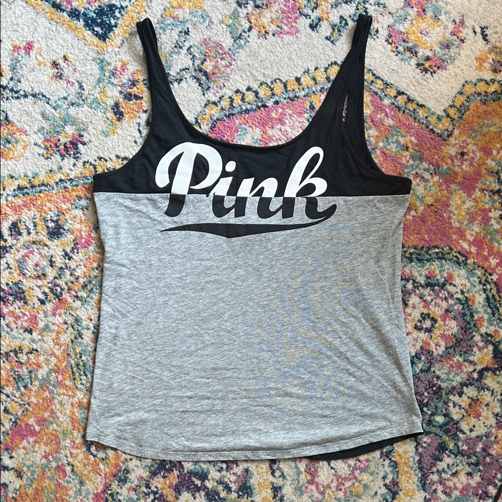 PINK Victoria's Secret Black and Gray Logo Tank Top